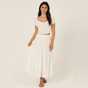 Sz L crop top White Tie Front Smocked Back Peasant Cap Sleeve pirate Cottagecore